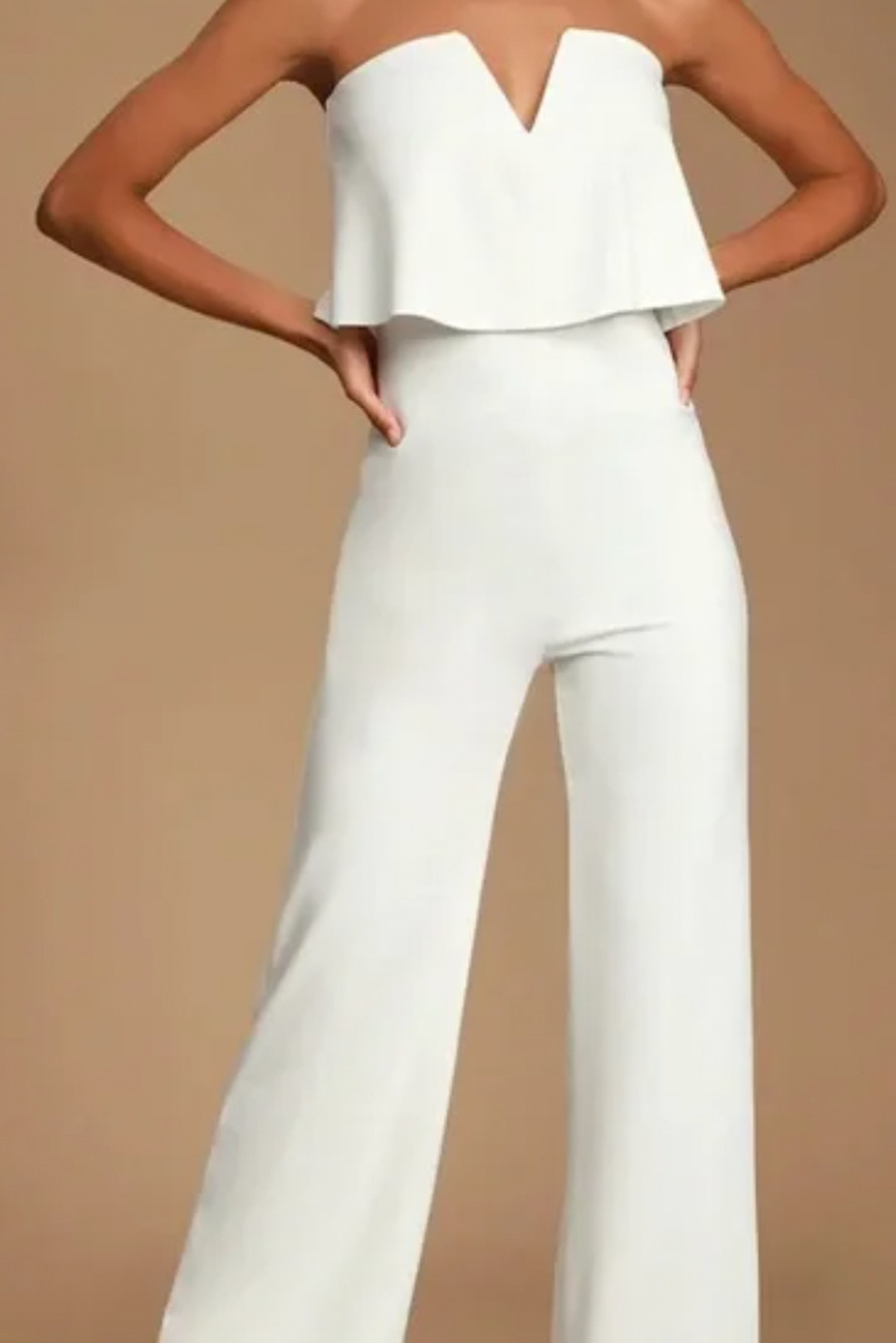 LULU'S XS  Power of Love White Overlay Straight Leg Strapless Jumpsuit NEW 0B19